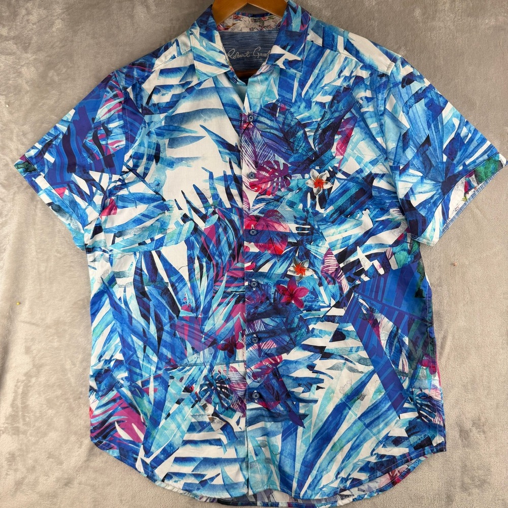 Robert Graham Sanderson N Mens Large Blue Tropical Floral Button Down Shirt NEW